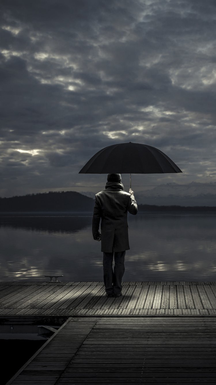 Download Rear Black & White Pier Umbrella Photography People Phone Wallpaper