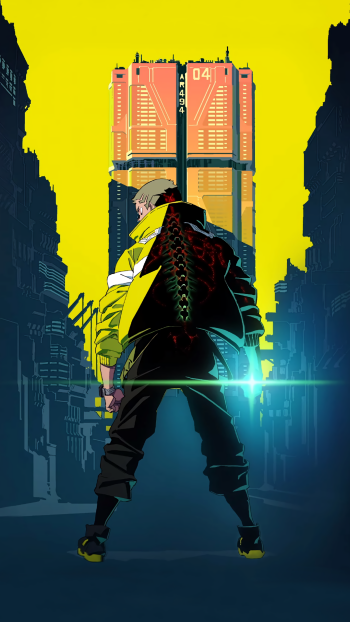 Anime Cyberpunk: Edgerunners phone wallpaper for iPhone and Android — lone backlit figure in a neon jacket stands in a dark street facing a towering lit building beneath a yellow sky.