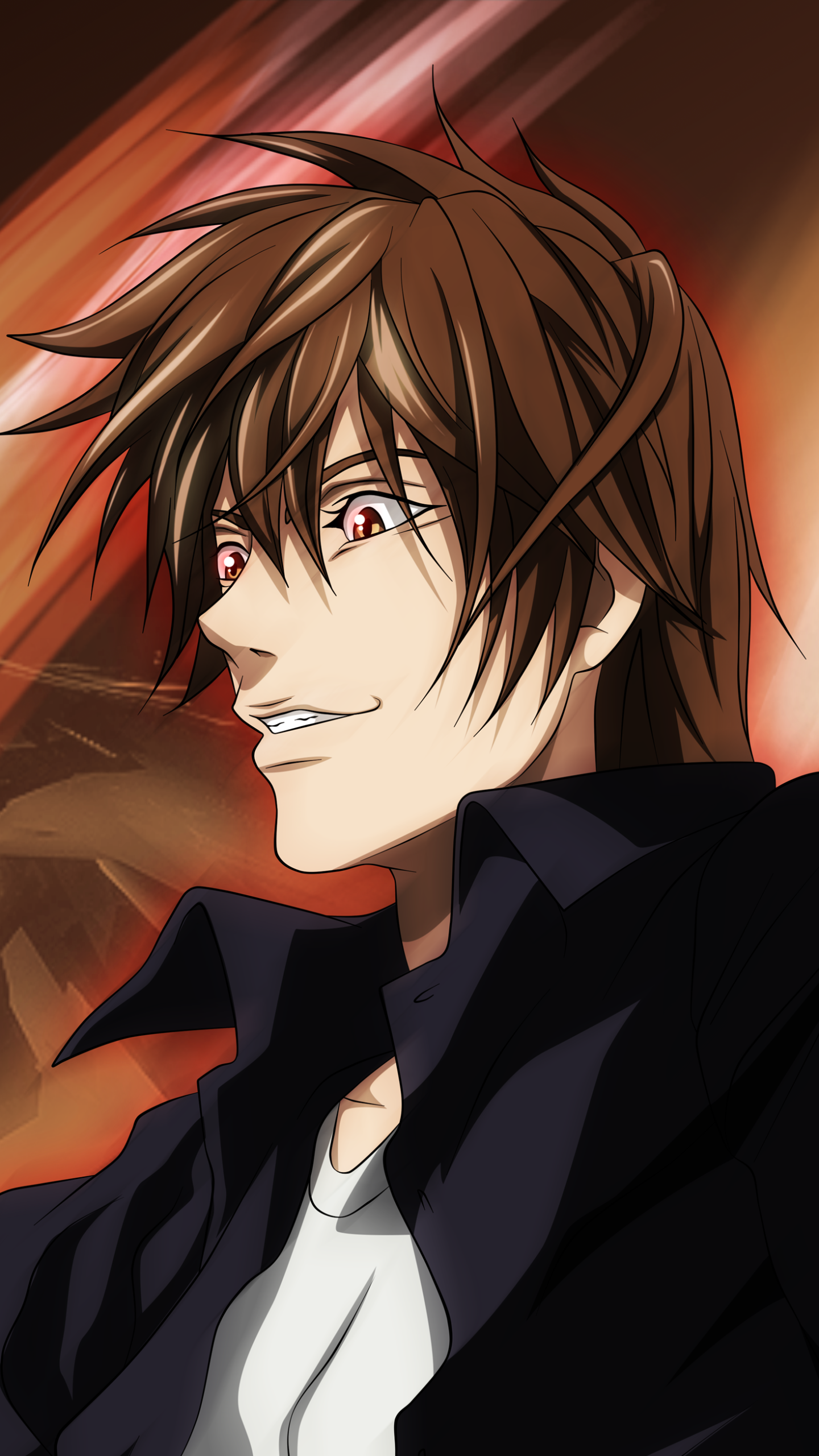 Phone wallpaper of Light Yagami from Death Note — intense anime close-up with red eyes, tousled brown hair and a dark coat set against a dramatic, fiery background.