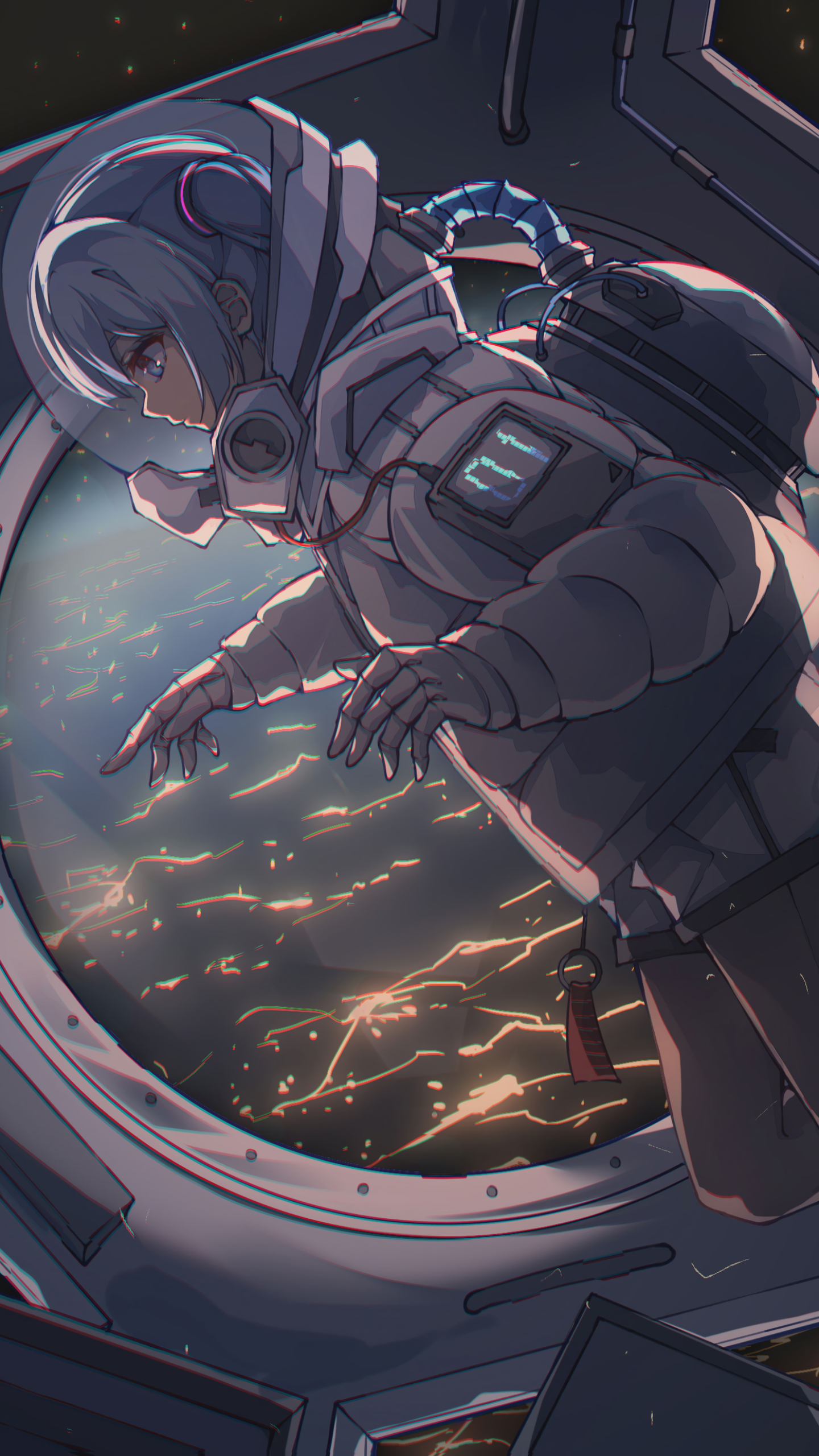 Anime-style Hatsune Miku as an astronaut gazes out a spaceship window, with glowing city lights below, designed as a vibrant phone wallpaper for iPhones and Android devices.
