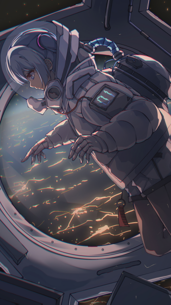Anime-style Hatsune Miku as an astronaut gazes out a spaceship window, with glowing city lights below, designed as a vibrant phone wallpaper for iPhones and Android devices.