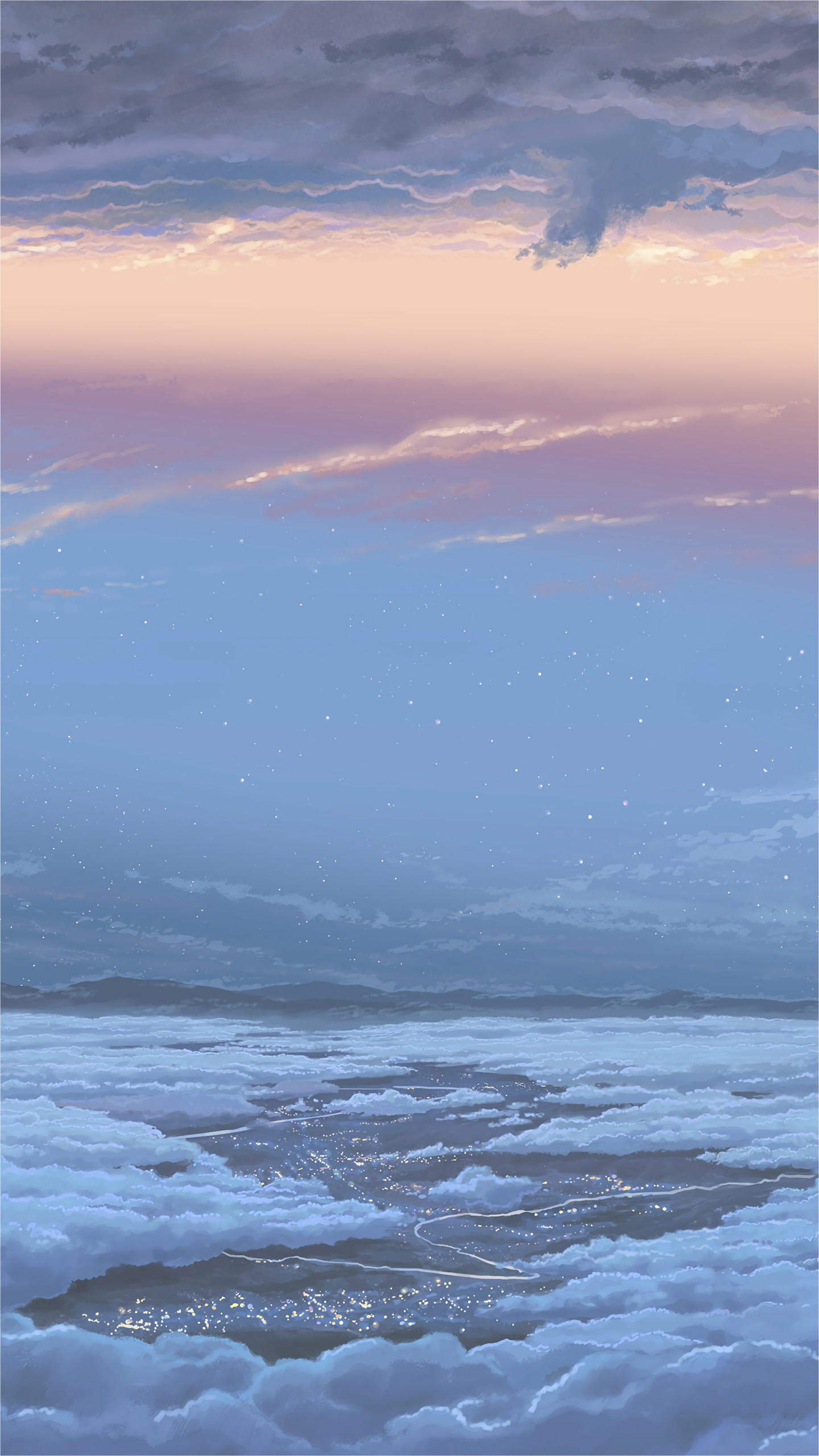 Vertical anime phone wallpaper from Your Name.: sweeping cloudscape at dawn with a pastel sky band, wispy upper clouds and tiny city lights twinkling far below.