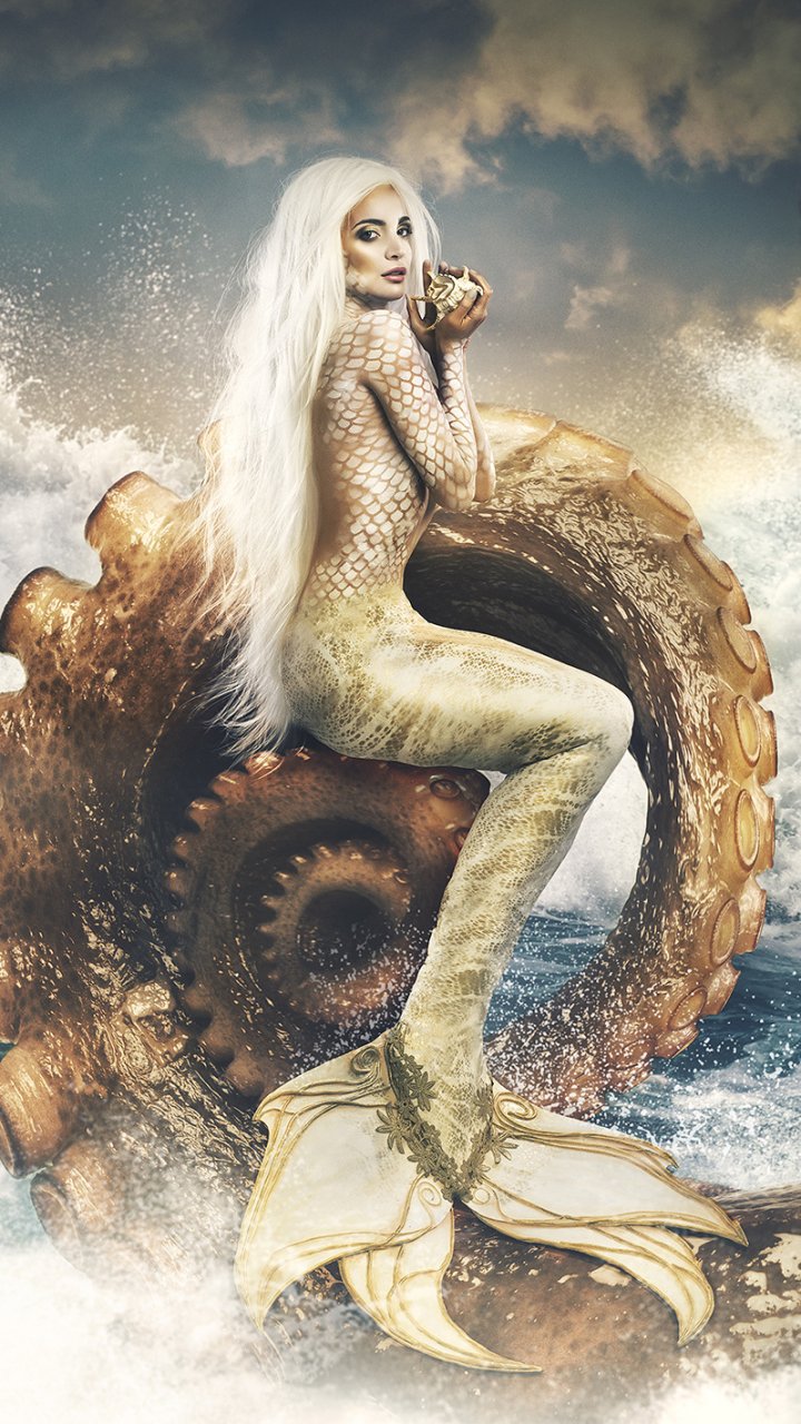 Download White Hair Octopus Manipulation Model Fantasy Mermaid Phone Wallpaper