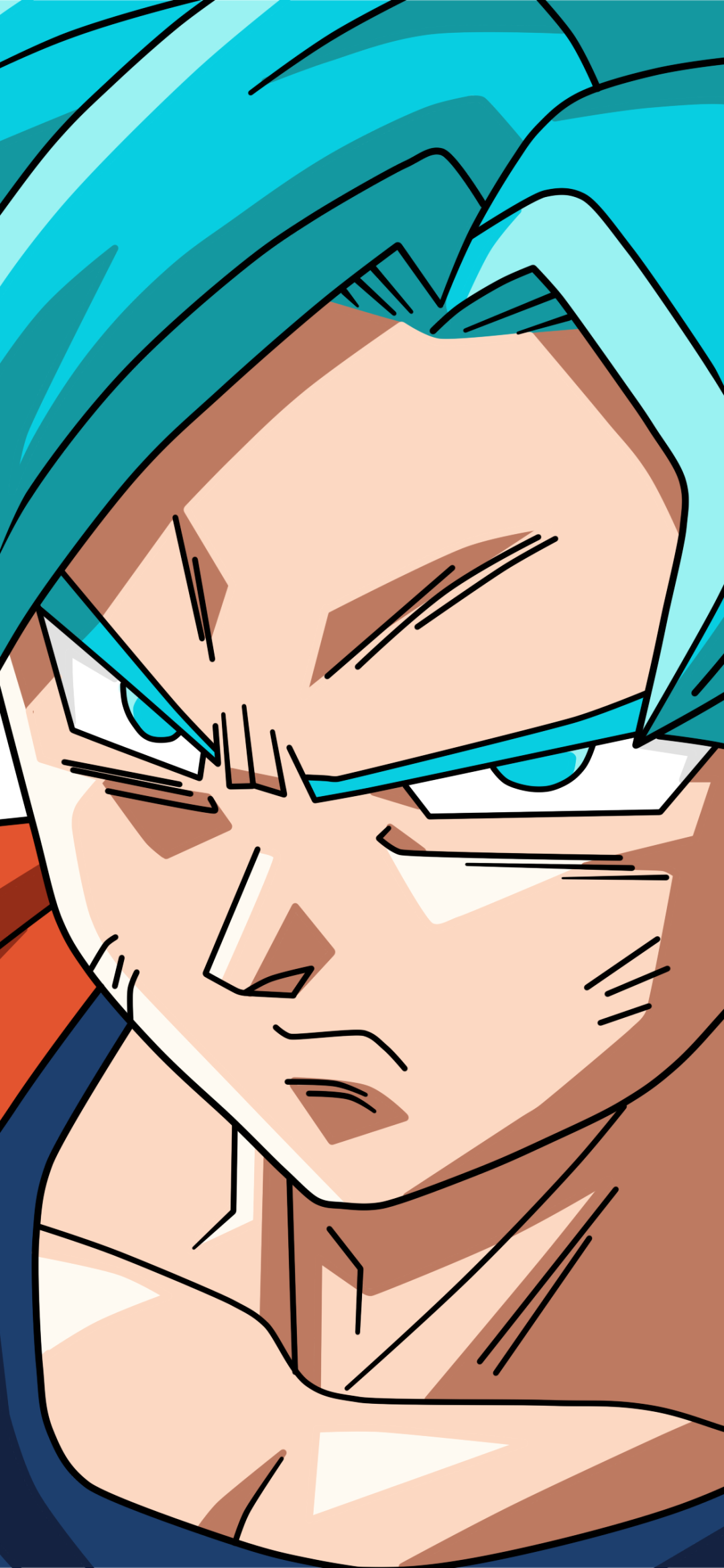 Close-up of Goku in his blue Super Saiyan form from Dragon Ball Super, designed as a vibrant anime phone wallpaper for both iPhone and Android devices.