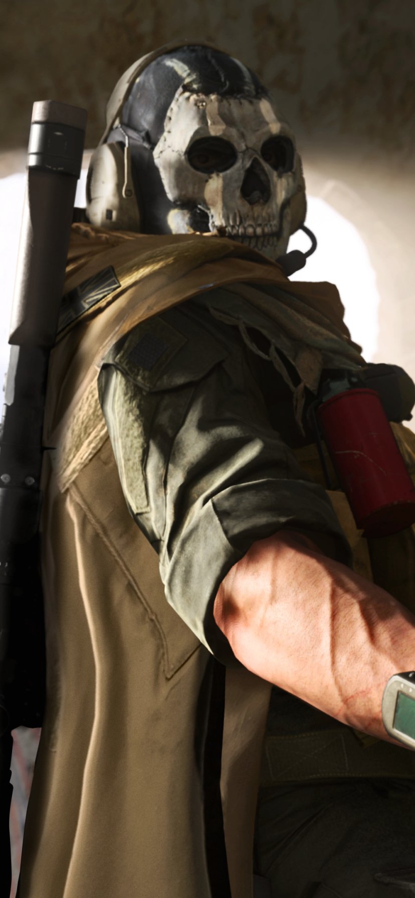 Phone wallpaper from the video game Call of Duty: Modern Warfare: skull-masked soldier in tactical gear looks over his shoulder, rifle slung across his back.