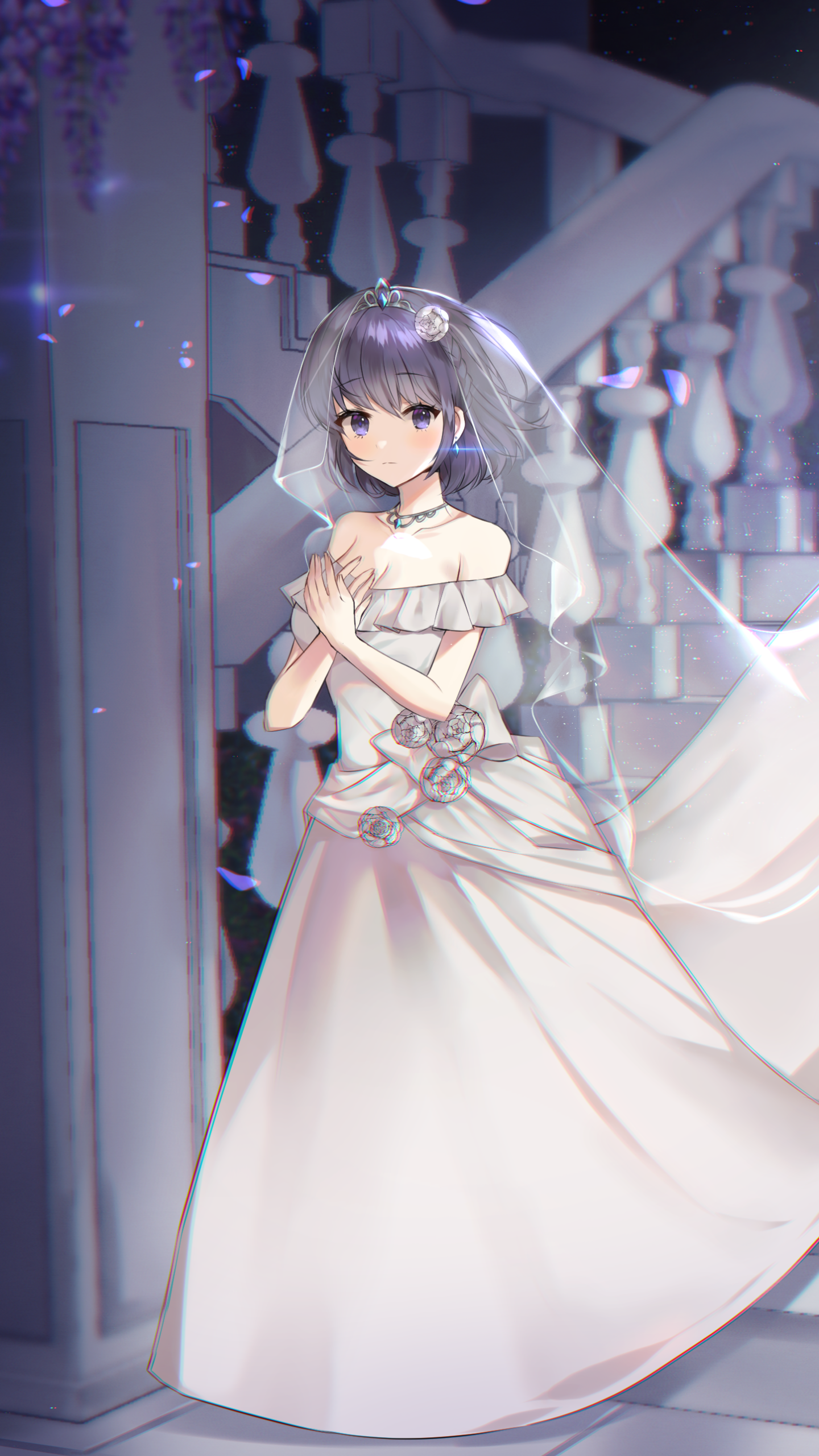 Download Purple Hair Purple Eyes Short Hair White Dress Wedding Dress Bride Anime Girl Anime Girl Phone Wallpaper