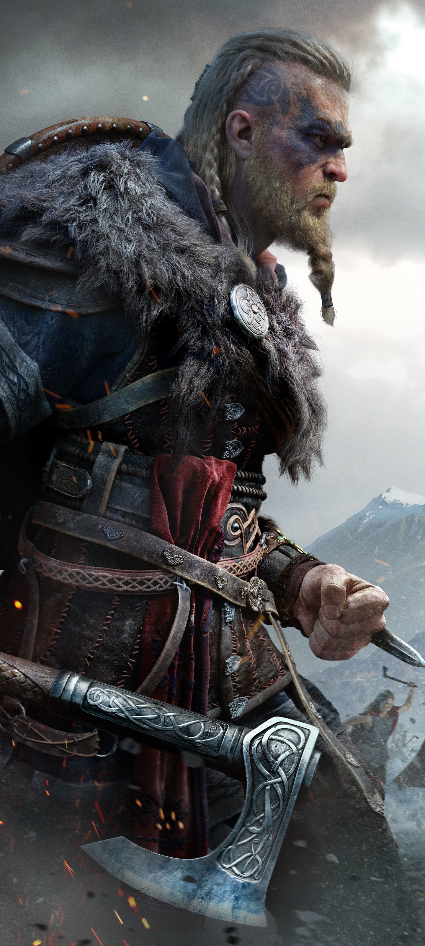 Assassin's Creed Valhalla phone wallpaper: side-profile Viking warrior from the Assassin's Creed video game, in fur armor gripping a carved axe against a stormy mountain sky.