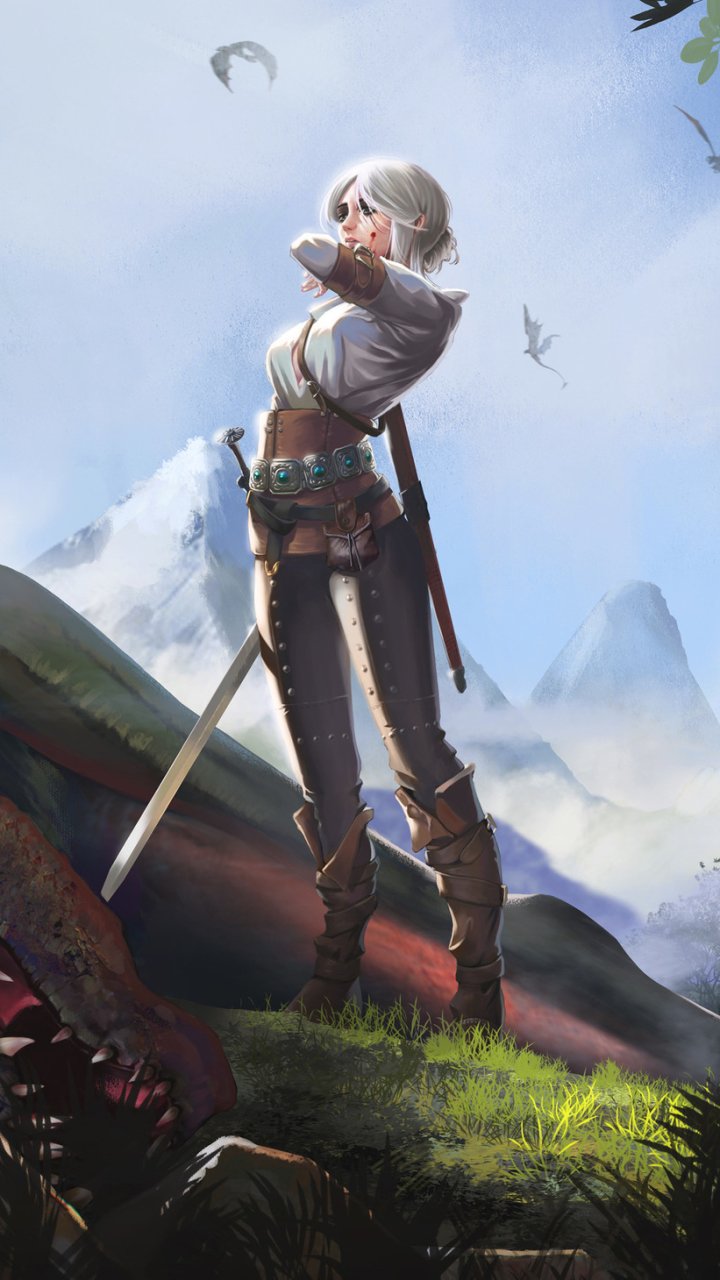 Download White Hair Sword Woman Warrior Ciri (The Witcher) Video Game The Witcher 3: Wild Hunt Phone Wallpaper