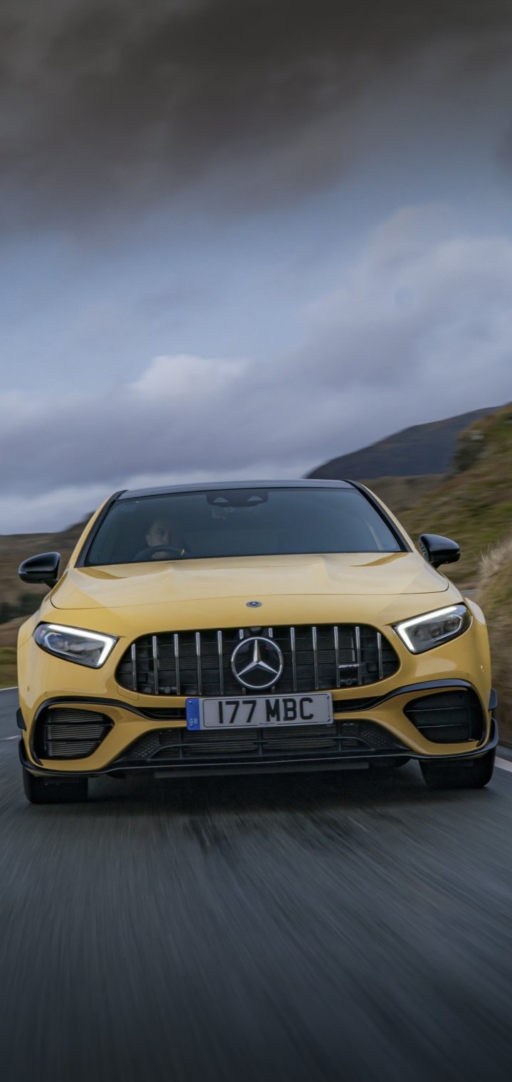 Download Yellow Car Vehicle Car Hatchback Mercedes-Benz Mercedes-Benz AMG A45 Phone Wallpaper