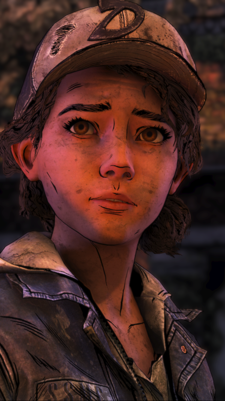 Close-up of Clementine from The Walking Dead: The Final Season (video game), warm-lit portrait formatted for iPhone and Android phone wallpaper.