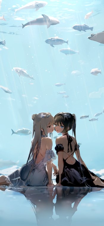 reflection dress black hair white hair fish sea life underwater Anime Original Phone Wallpaper