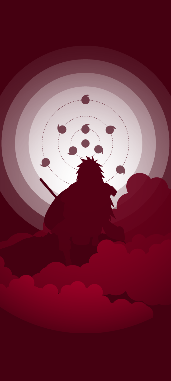 Phone wallpaper depicting Madara Uchiha from the Naruto anime: dark maroon silhouette amid clouds with concentric Rinnegan magatama rings radiating behind him.