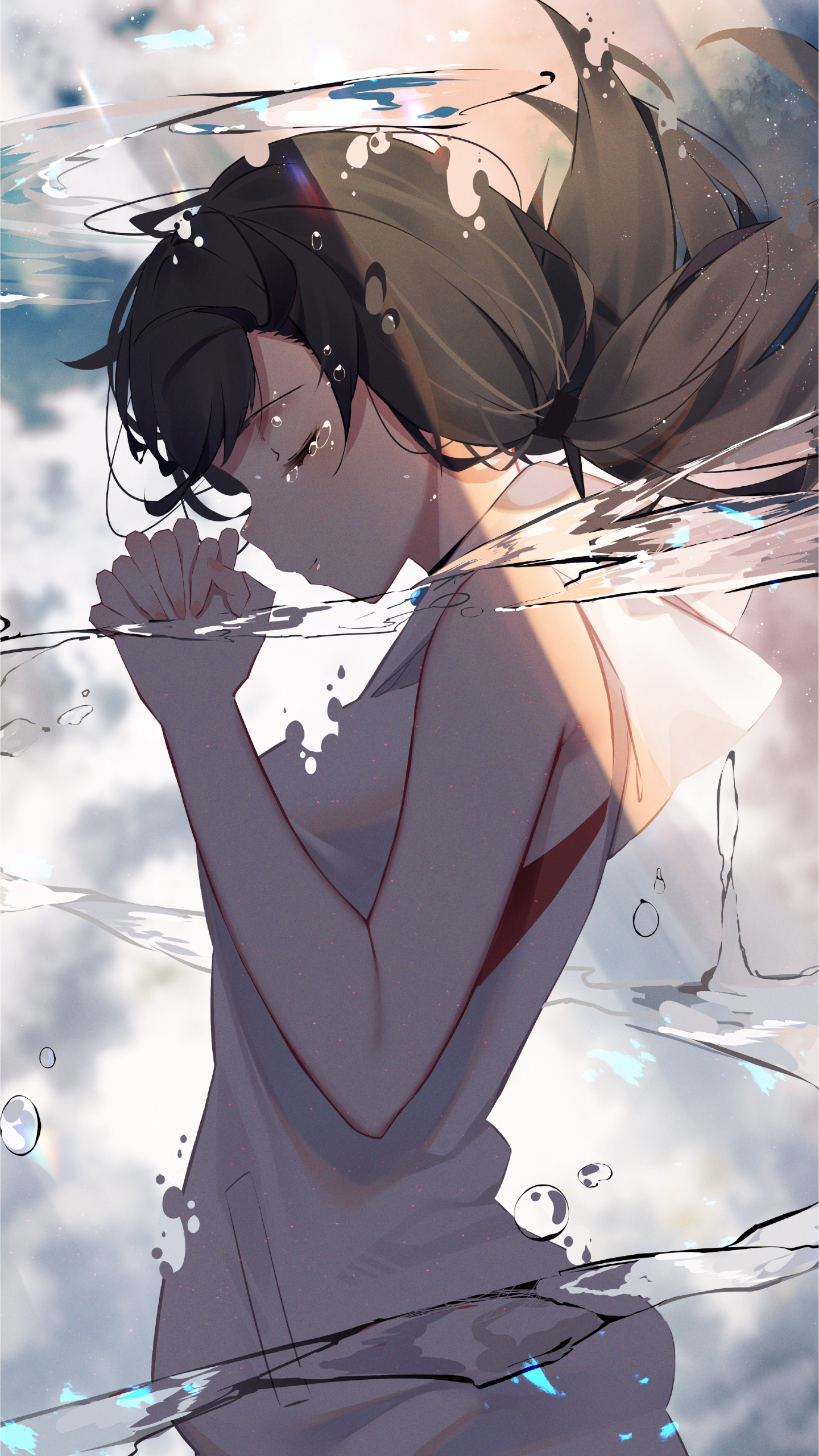 Phone wallpaper featuring Hina Amano from the anime Weathering with You (Tenki no ko), showcasing delicate water reflections and soft atmospheric tones.