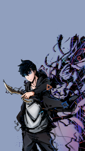 Phone wallpaper featuring Sung Jin-Woo from Solo Leveling, showcasing dynamic anime art with dark, shadowy effects, compatible with iPhones and Android devices.