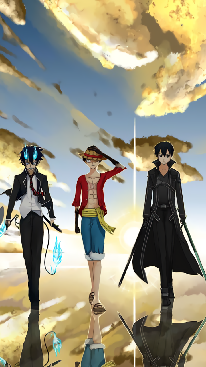 Anime crossover phone wallpaper: Rin Okumura (Blue Exorcist), Monkey D. Luffy (One Piece) and Kazuto Kirito Kirigaya (Sword Art Online) walk across a reflective shore beneath golden clouds.