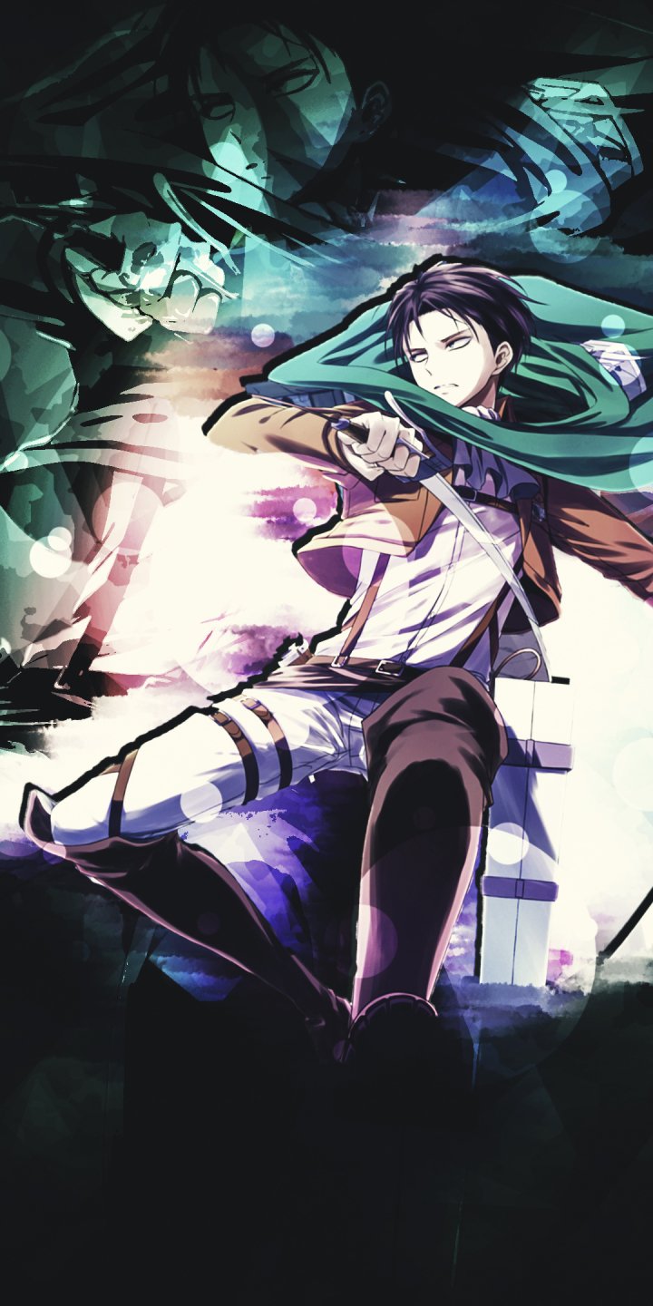 Phone wallpaper of Levi Ackerman from Attack on Titan: in Survey Corps uniform and green cloak, blades drawn, leaping through dramatic, abstract light.