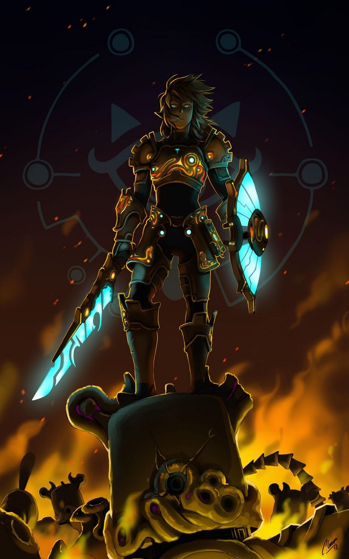 Phone wallpaper featuring Link from The Legend of Zelda: Breath of the Wild, holding a glowing sword and shield against a fiery, dramatic background.