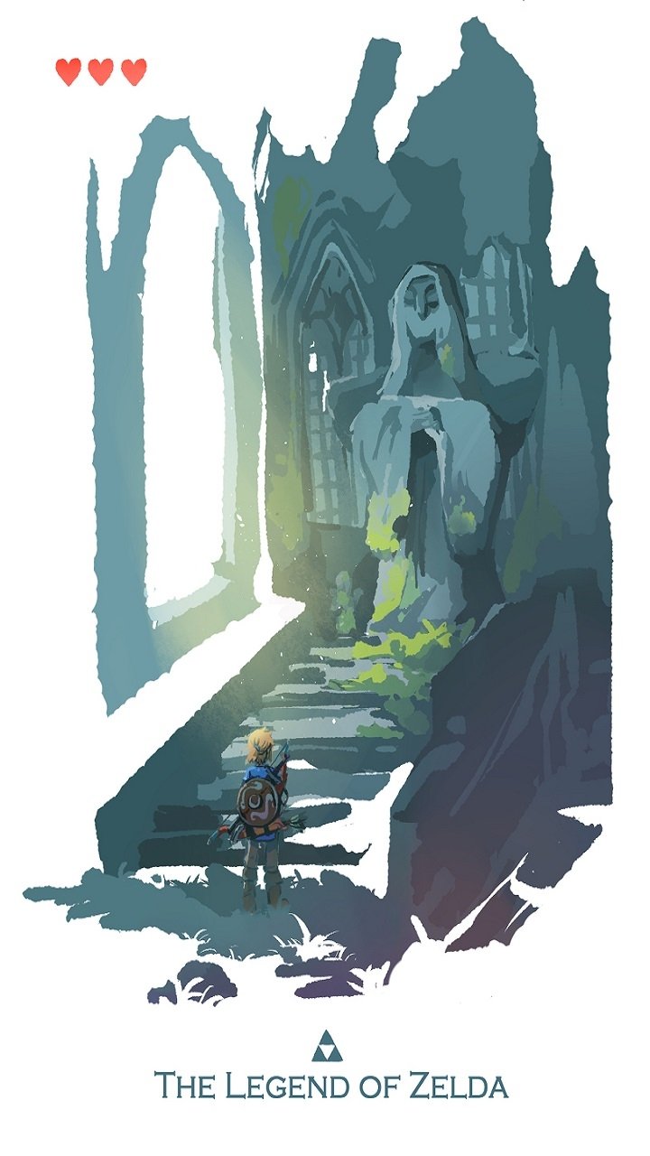 Phone wallpaper showing Link from the video game The Legend of Zelda: Breath of the Wild standing before a sunlit ruined temple archway, painterly style with three hearts and the game title.