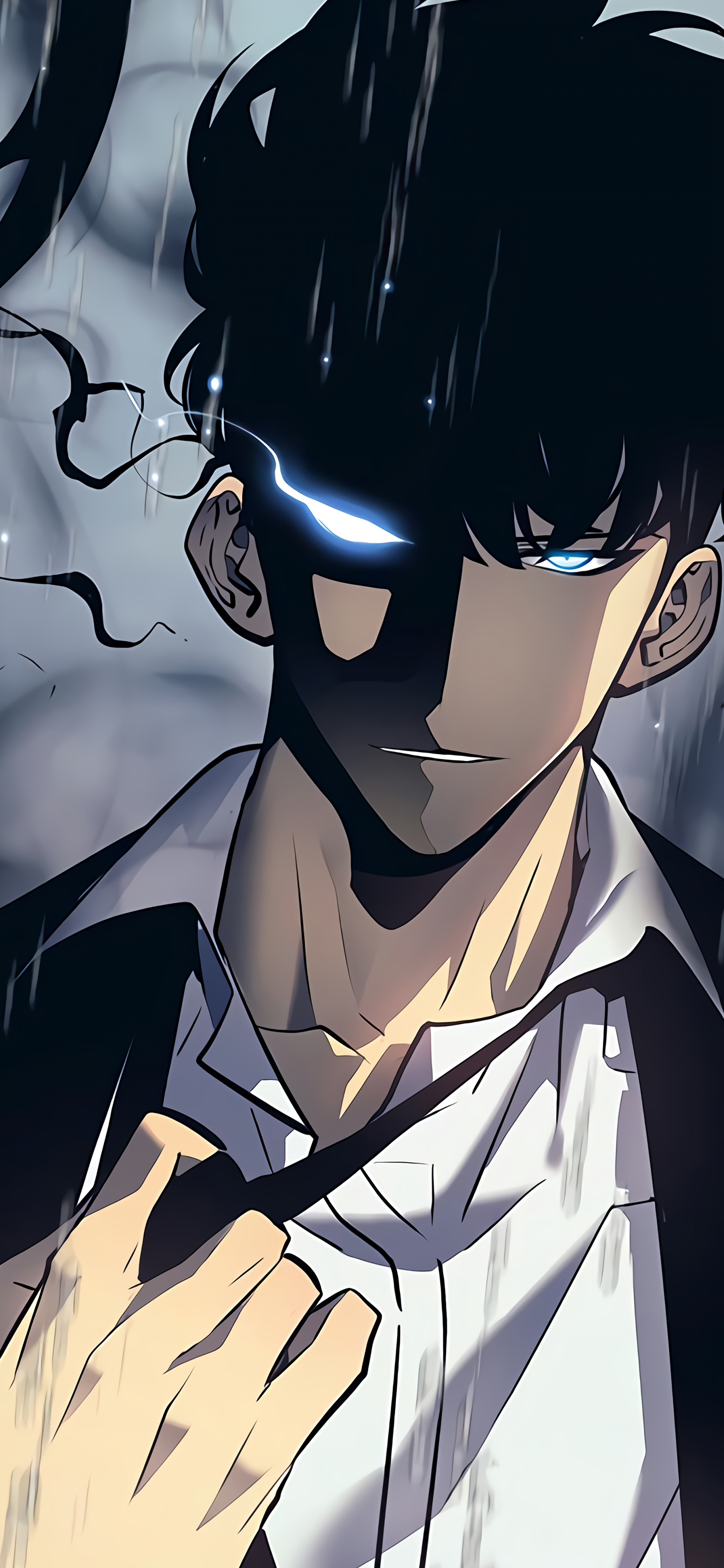 Sung Jin-Woo from Solo Leveling with glowing blue eyes in a dark, rainy anime scene, designed as a dynamic phone wallpaper for iPhone and Android.