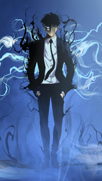 Phone wallpaper of Sung Jin-Woo from the anime Solo Leveling, featuring dark shadows and glowing blue energy against a misty background, compatible with iPhones and Android devices.
