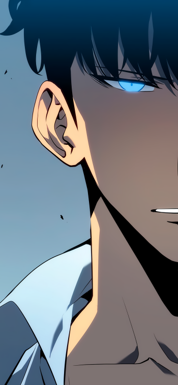Close-up anime wallpaper of Sung Jin-Woo from Solo Leveling, featuring his intense blue eye and sharp features, designed for iPhone and Android phone screens.
