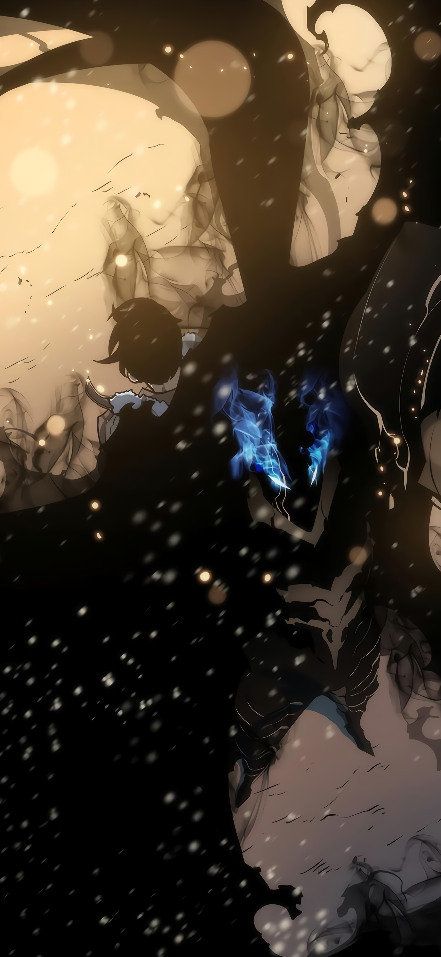 Phone wallpaper: Sung Jin-Woo and Igris from Solo Leveling — Jin-Woo cloaked in shadow with glowing blue blades, Igris looming through snow and fractured light.