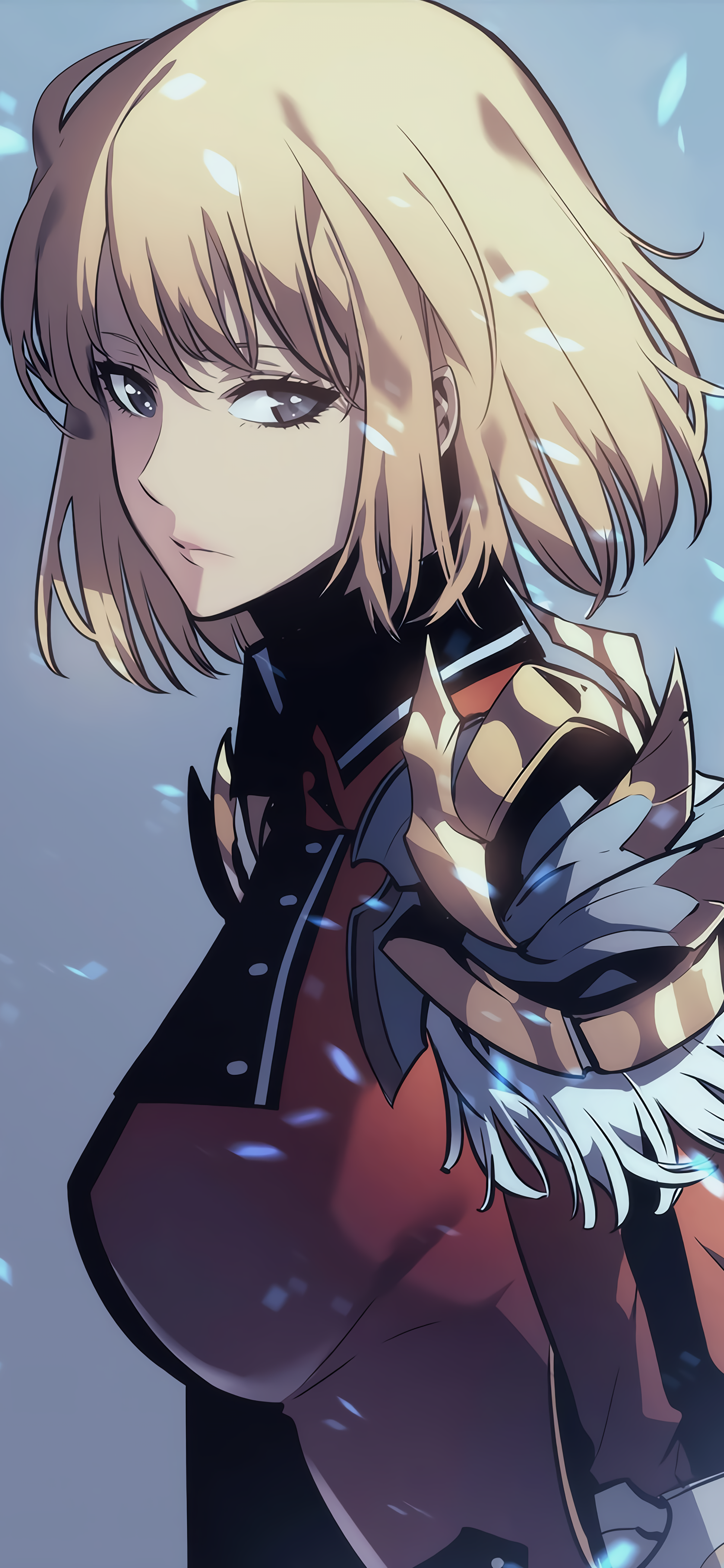 Anime-style wallpaper of Cha Hae-in from Solo Leveling, featuring close-up portrait with detailed armor and a cool blue background, designed for iPhone and Android screens.