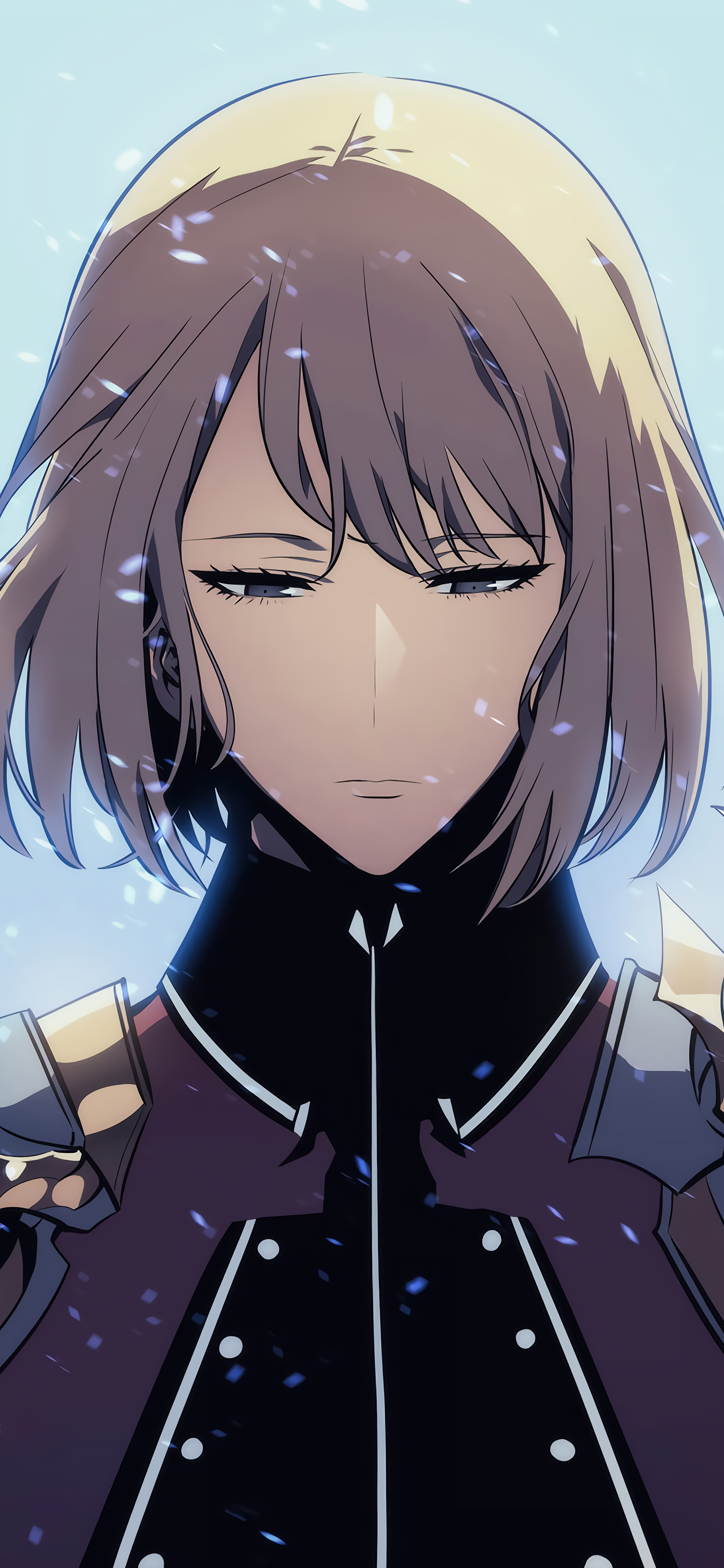 Phone wallpaper of Cha Hae-in from Solo Leveling: calm anime close-up with closed eyes, short hair, armored shoulders and drifting blue petals against a pale sky.