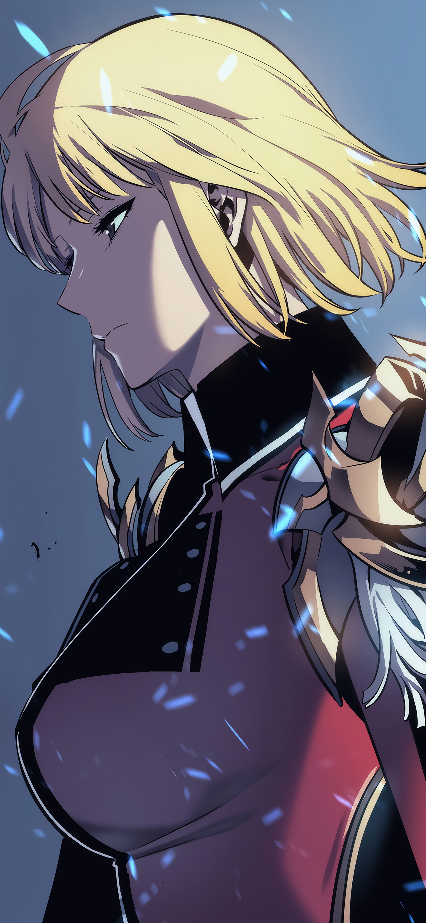 Phone wallpaper of Cha Hae-in (Anime, Solo Leveling): stoic blonde in armor, profile view with glowing blue shards and cool blue background.