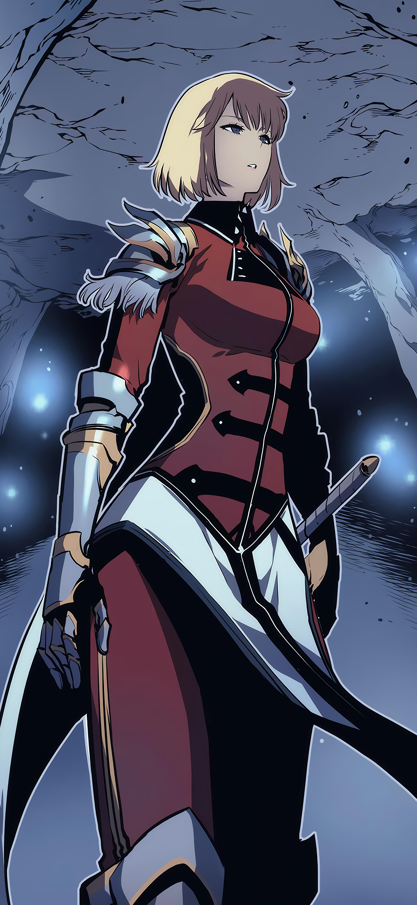 Phone wallpaper featuring Cha Hae-in from the anime Solo Leveling, showcasing her in battle-ready armor with a determined expression against a moonlit night background.