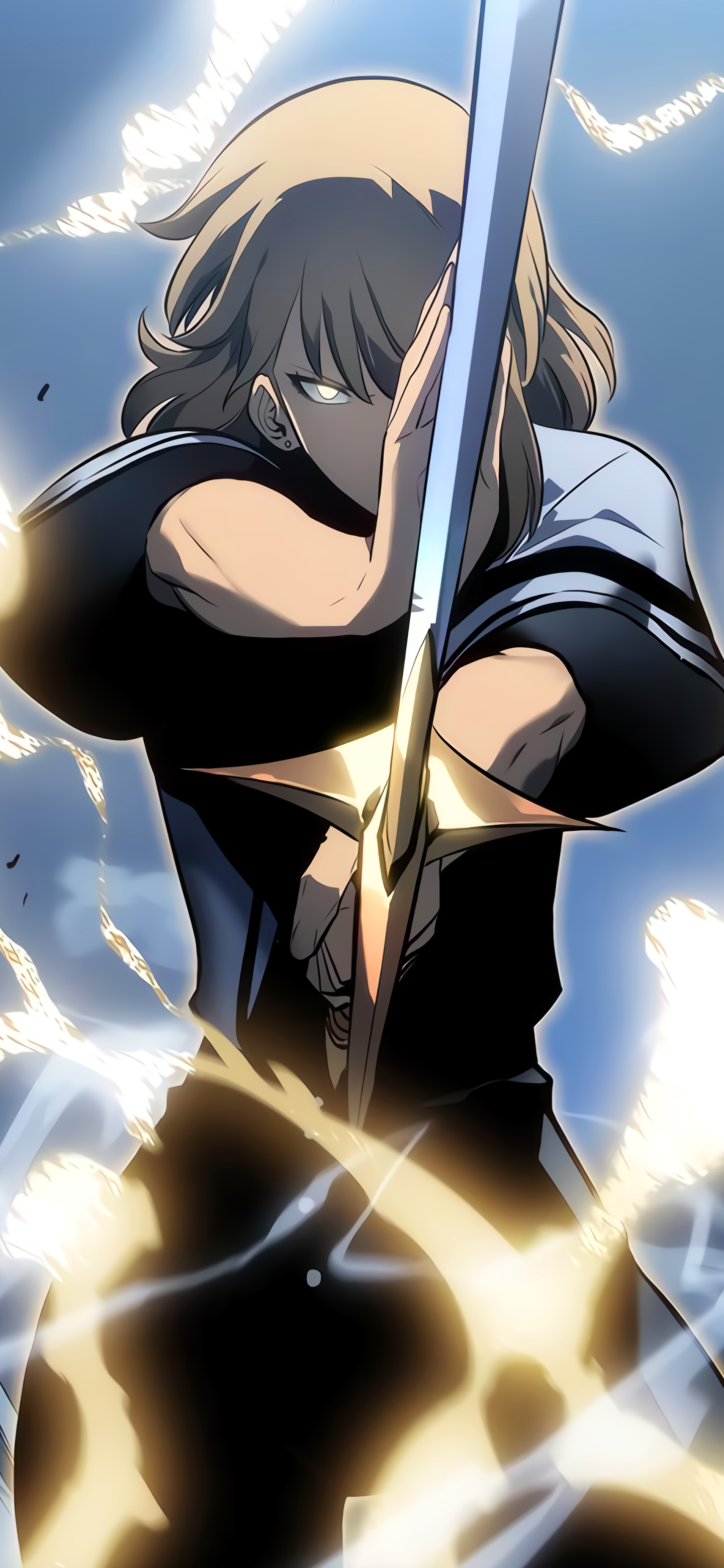 Phone wallpaper featuring Cha Hae-in from Solo Leveling in dynamic anime style, designed for both iPhone and Android displays.