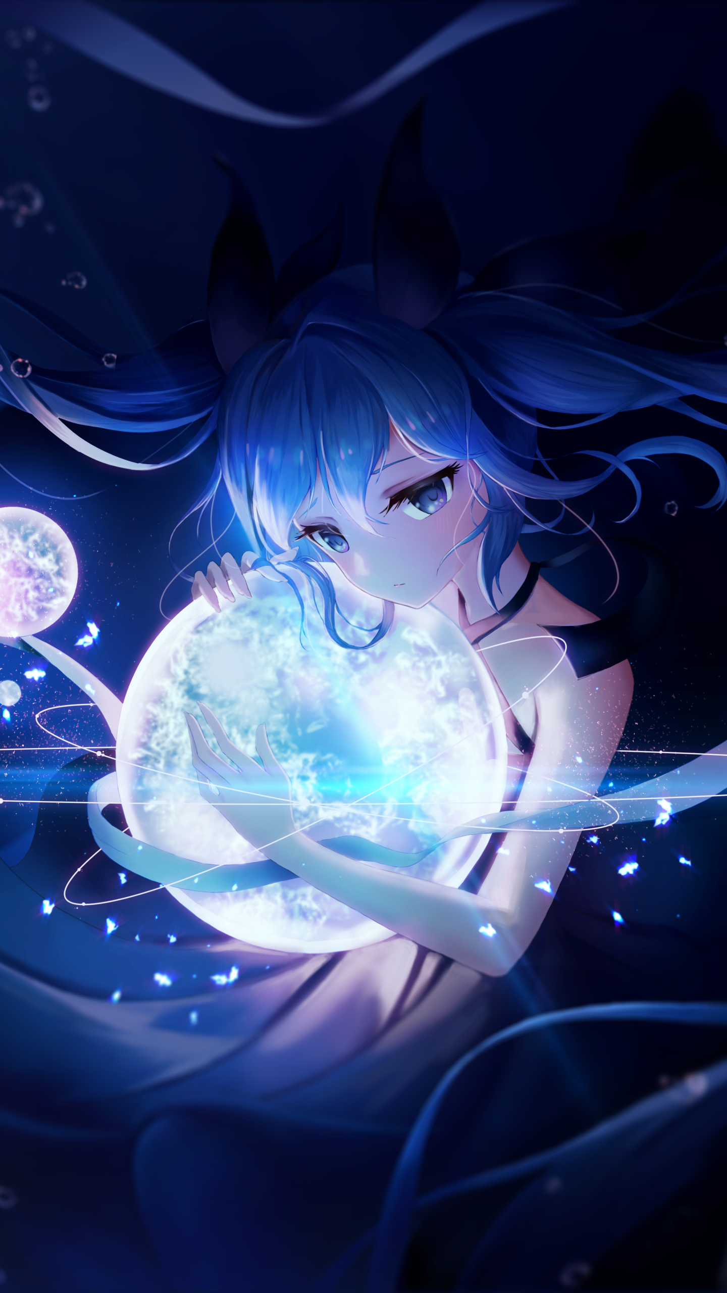 Phone wallpaper of Hatsune Miku (Vocaloid) in anime style: blue twin‑tailed Miku cradling a glowing, water‑like orb surrounded by swirling light, bubbles, and ethereal blue tones.
