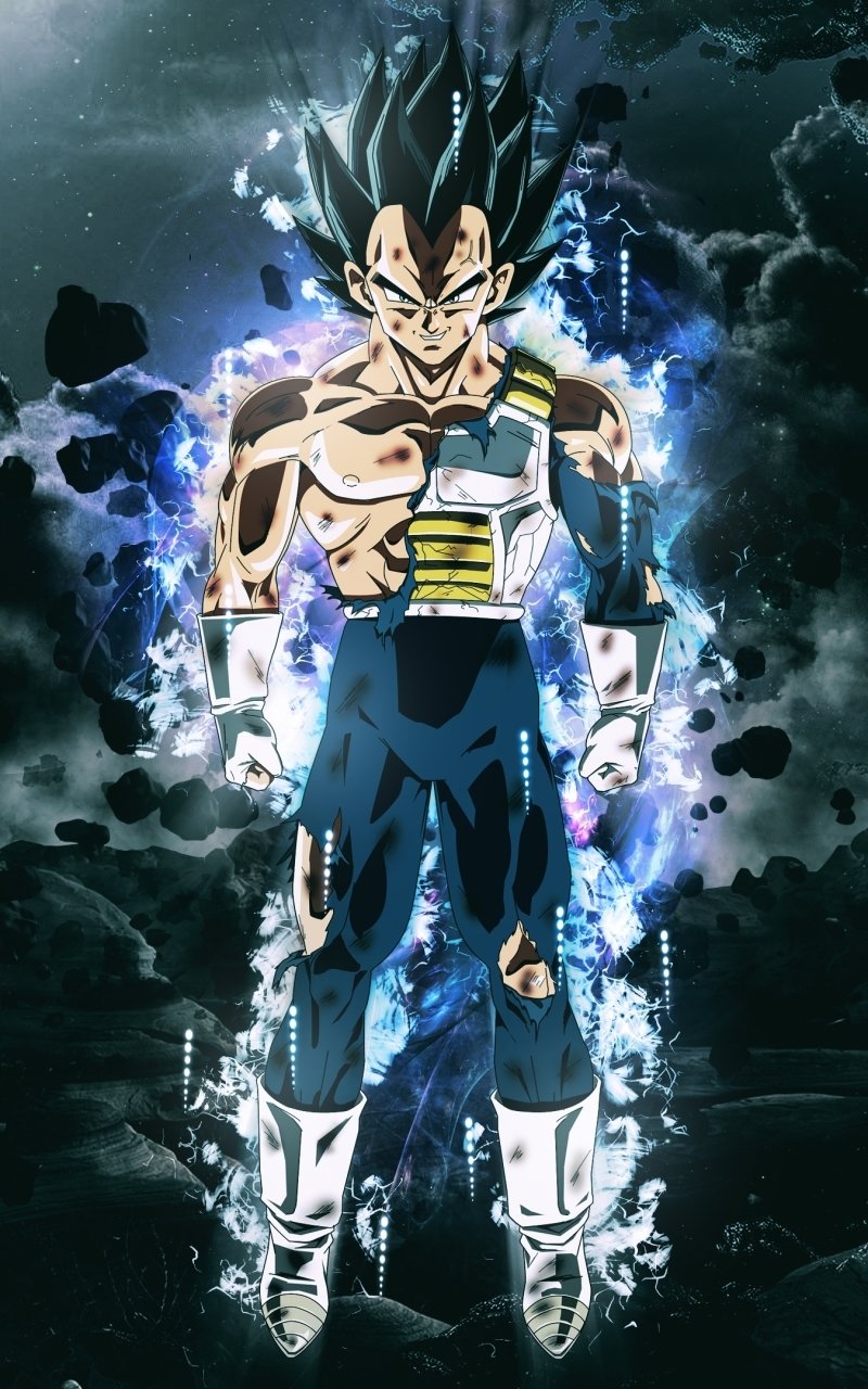 Anime phone wallpaper of Vegeta (Dragon Ball) from Dragon Ball Super: battle-scarred Saiyan in torn armor, glowing blue lightning aura with smoky storm clouds and energy flares behind him.