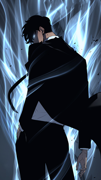 Phone wallpaper featuring Sung Jin-Woo from the anime Solo Leveling, with dynamic blue energy effects enhancing the dark and intense atmosphere. Compatible with iPhones and Android phones.