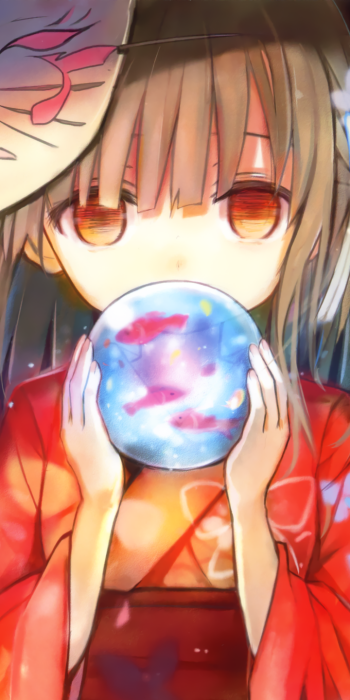 butterfly brown hair orange eyes fish kimono Anime Original Phone Wallpaper