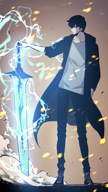 Phone wallpaper featuring Sung Jin-Woo from Solo Leveling anime, holding a glowing, electrified sword against a dynamic, fiery background for iPhone and Android.