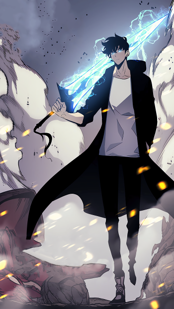 Phone wallpaper featuring Sung Jin-Woo from the anime Solo Leveling, showcasing him wielding a glowing blue sword in a dark, dynamic setting. Compatible with iPhone and Android.