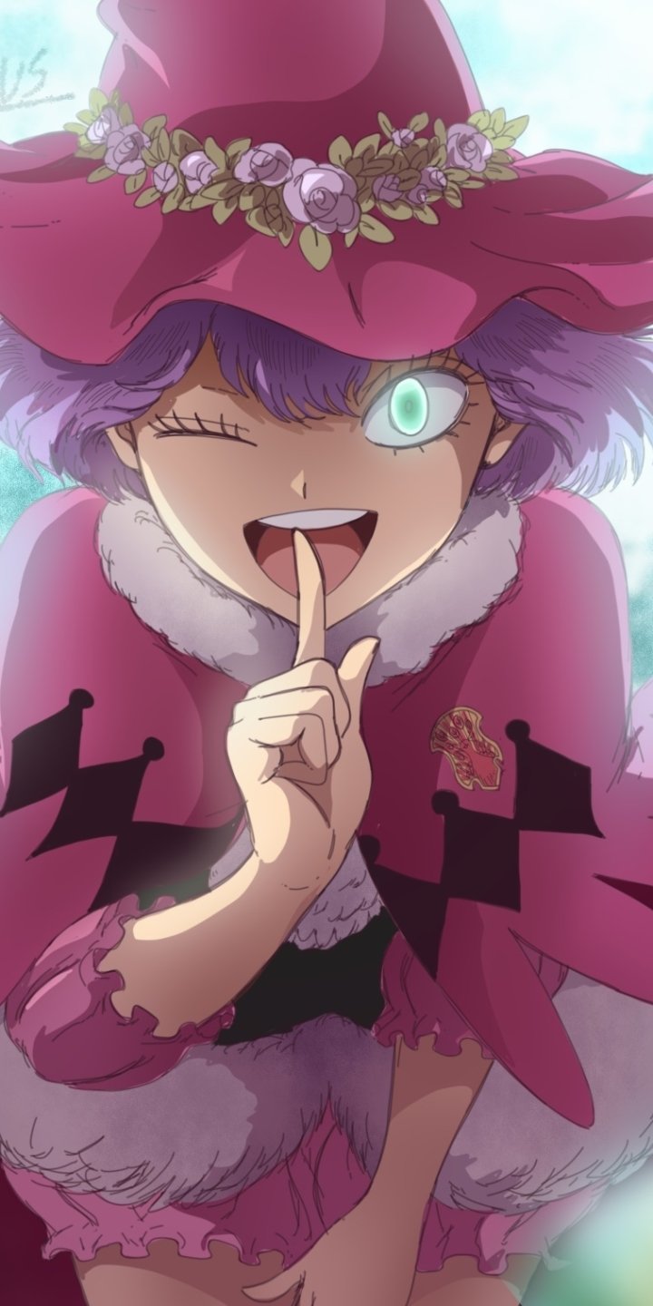 Anime phone wallpaper of Dorothy Unsworth (Black Clover): mischievous grin, finger to lips, wide-brim witch hat with flower crown, glowing eye, pink cloak with fur trim.