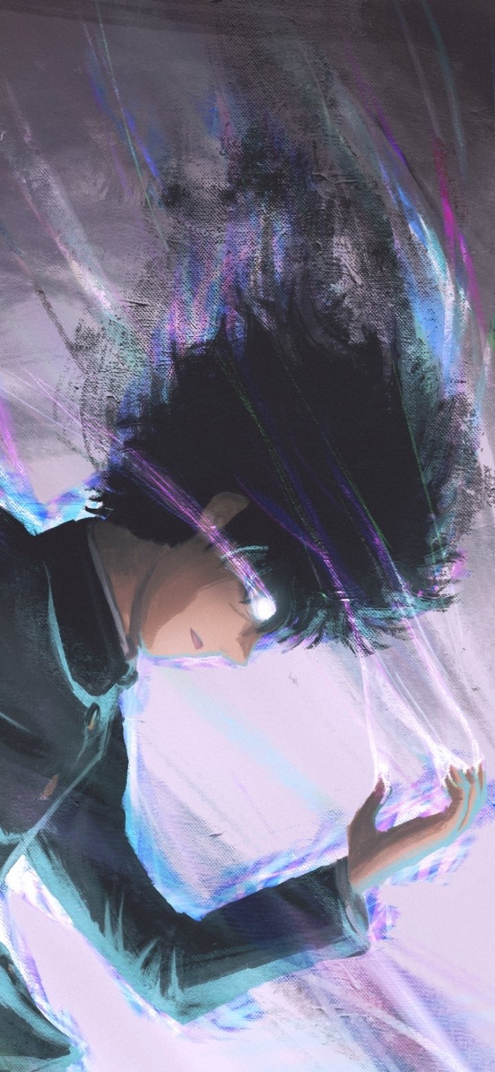 Phone wallpaper of Shigeo Kageyama from Mob Psycho 100 — side profile with glowing eyes, floating hair and a glitchy pastel psychic aura.