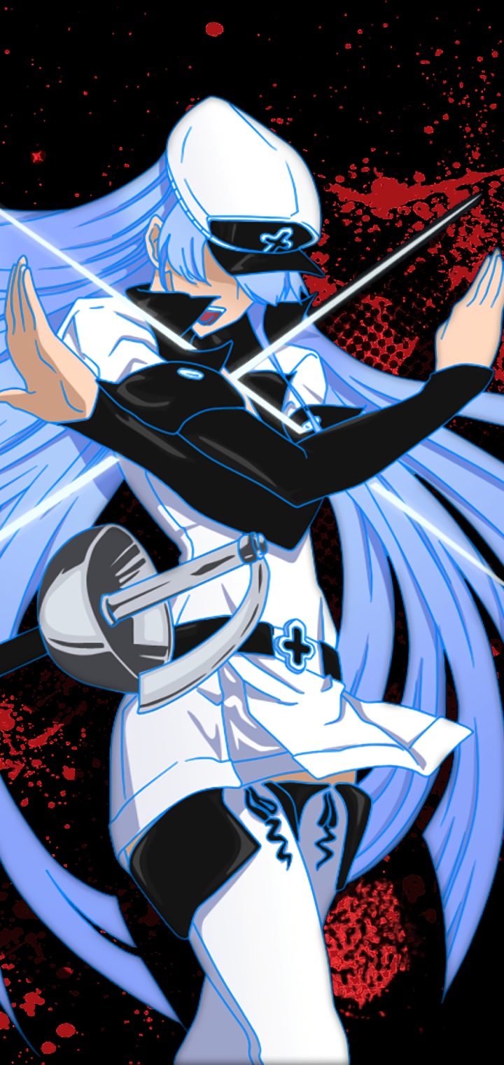 Phone wallpaper of Esdeath (Akame Ga Kill!) — anime art of blue-haired Esdeath in a white uniform, blades crossed in a dynamic pose against a red blood-splatter background.