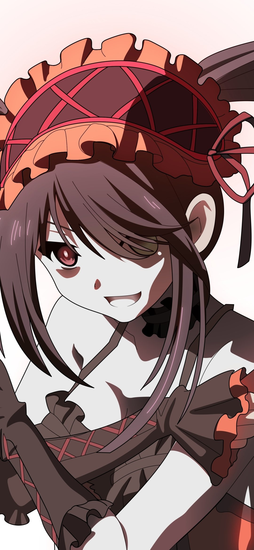 Phone wallpaper featuring Kurumi Tokisaki from the anime Date A Live, with her signature red and black gothic outfit and intense gaze.