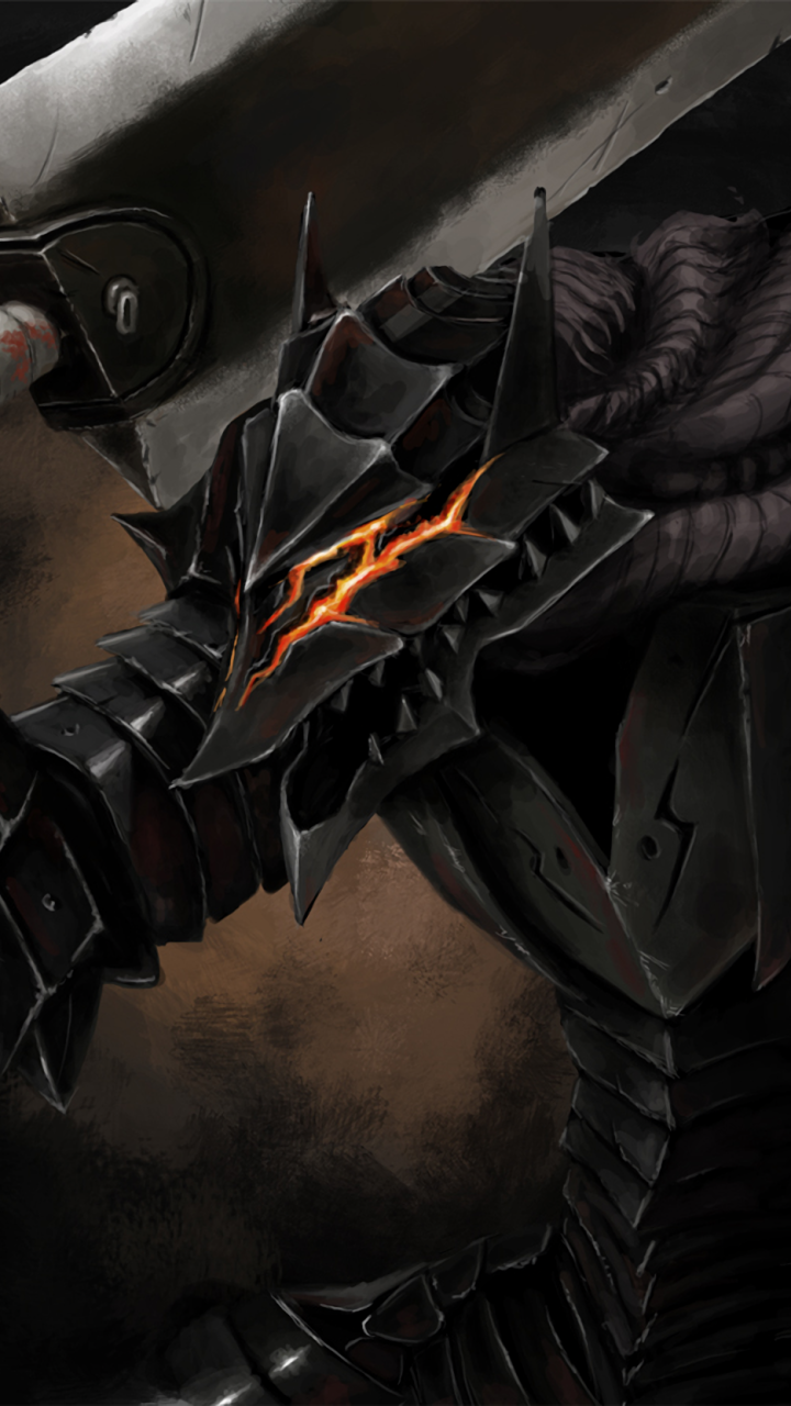 Phone wallpaper: dark anime Berserk image of a spiked black armored figure with glowing orange eye slits and a massive sword on a smoky backdrop.