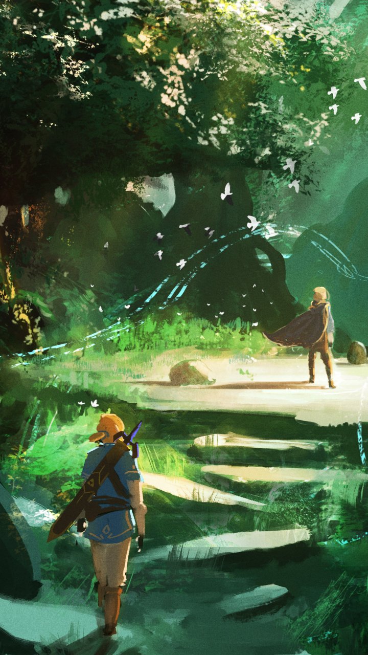 Phone wallpaper for iPhone and Android: Breath of the Wild scene of Link approaching Princess Zelda on a sunlit, painterly forest ledge with glowing foliage and drifting butterflies.