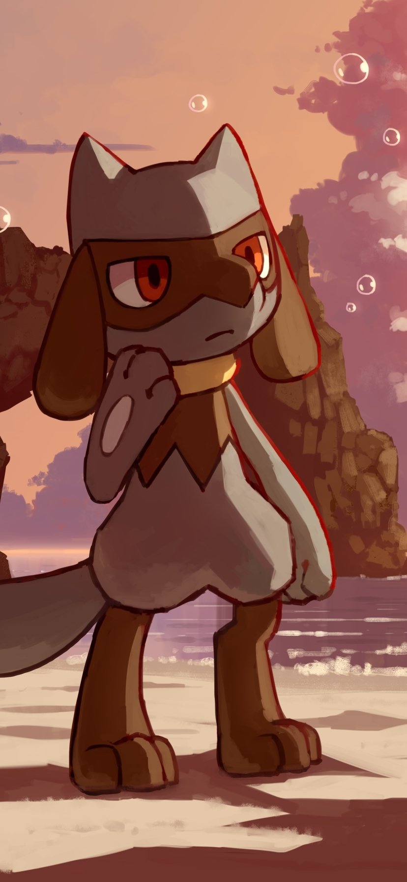 Phone wallpaper featuring Riolu from the Pokémon video game series, standing thoughtfully on a beach with a sunset and bubbles in the background. Compatible with iPhone and Android.