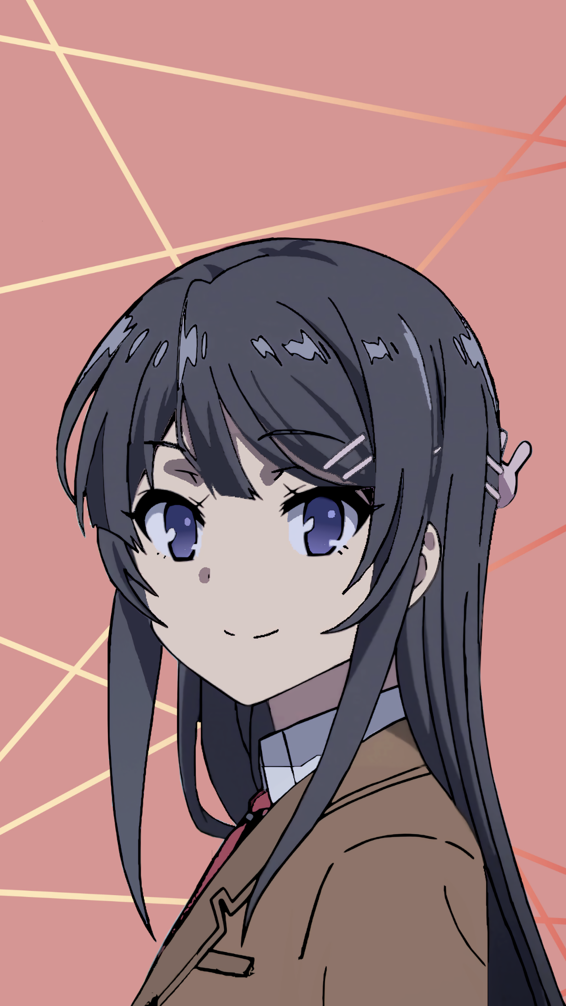 Anime-style phone wallpaper featuring Mai Sakurajima from Rascal Does Not Dream of Bunny Girl Senpai with a minimalist geometric pastel background, compatible with iPhone and Android.