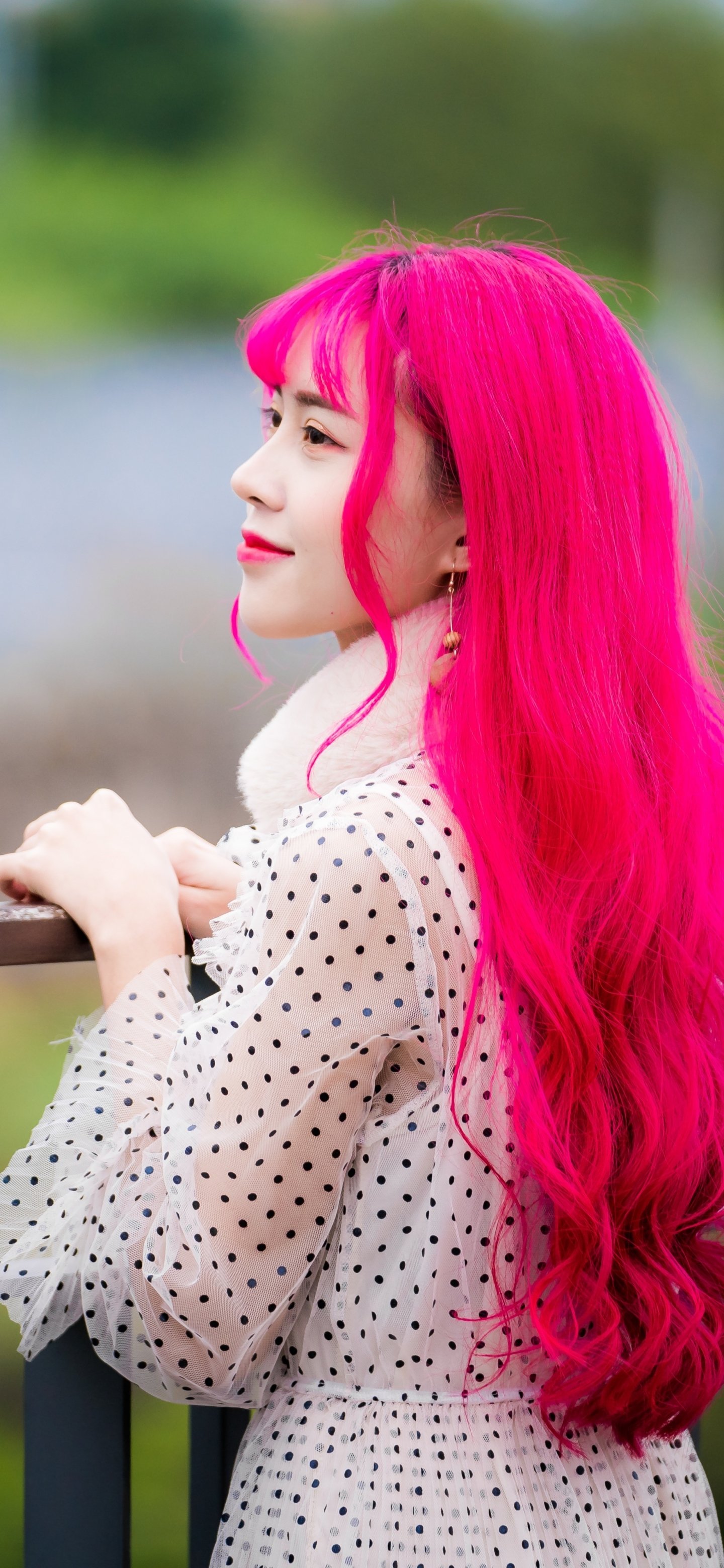 Download Lipstick Pink Hair Model Long Hair Woman Asian Phone Wallpaper