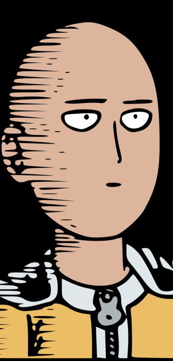 Phone wallpaper of Saitama from the anime One-Punch Man: close-up of his bald, deadpan face and yellow hero suit on a black background.