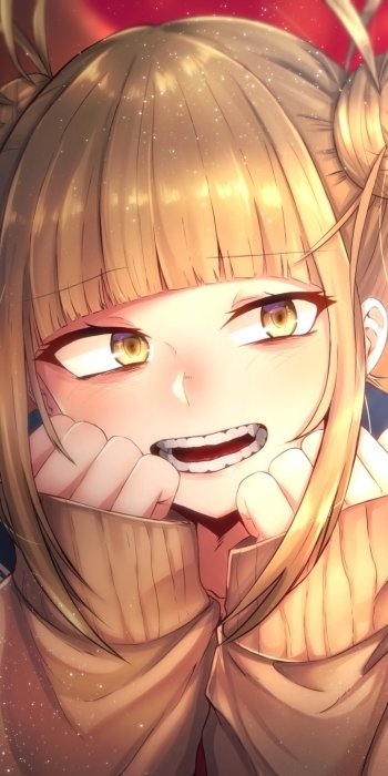 Phone wallpaper of Himiko Toga (My Hero Academia): close-up anime portrait with mischievous smile, golden eyes and messy blonde buns, warm lighting and detailed shading.
