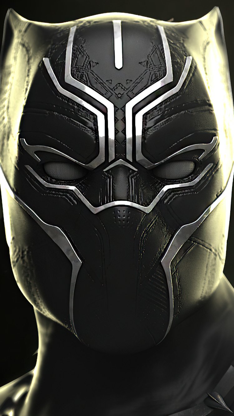 Phone wallpaper featuring Black Panther (Marvel Comics) — close-up of the masked hero's textured black-and-silver mask with dramatic lighting.