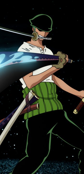 Phone wallpaper of Roronoa Zoro from the One Piece anime: green-bandana swordsman in a three-sword stance, blades drawn against a starry black background.